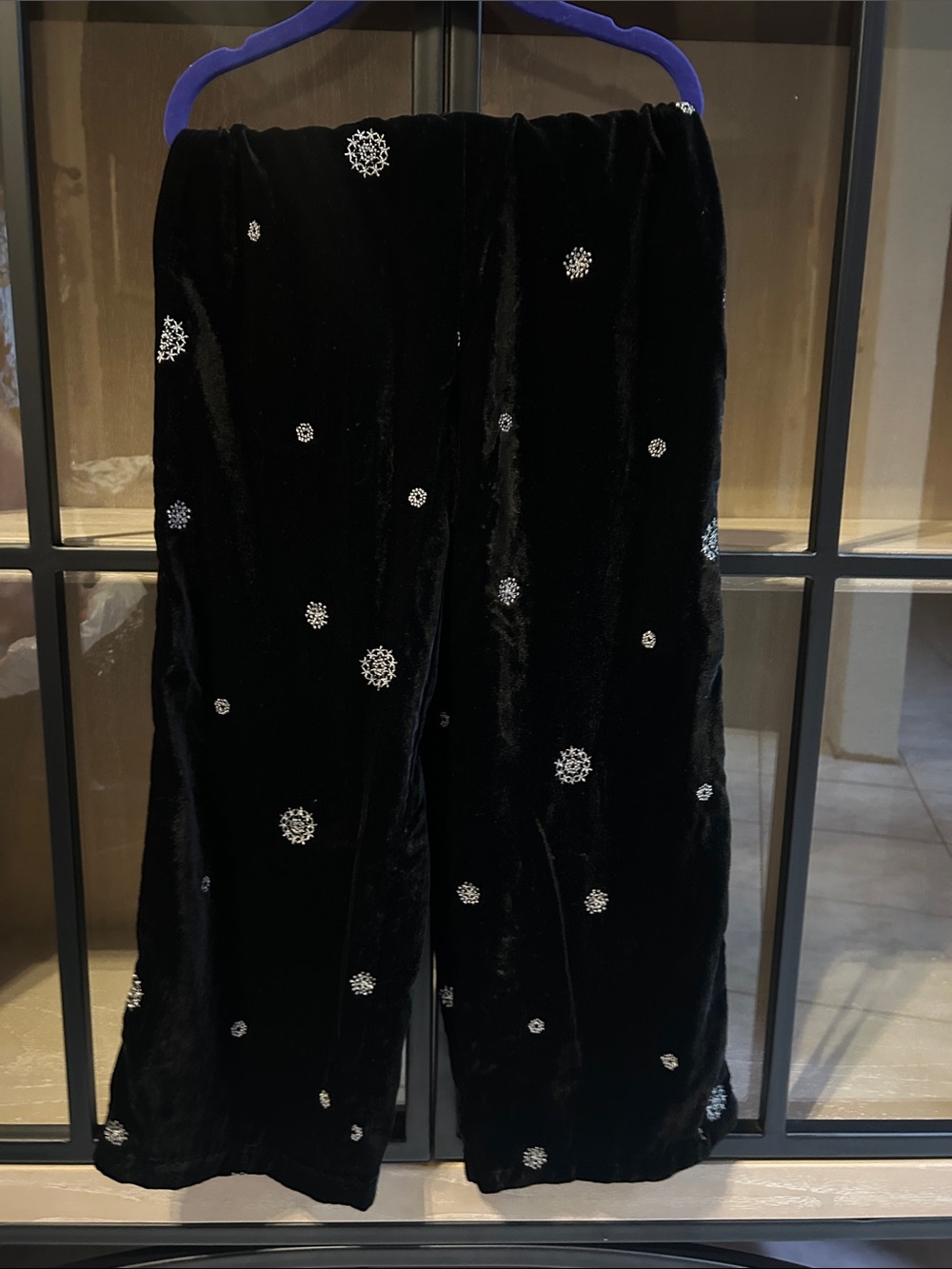 Zara Black Velvet Wide-Leg Pants with Crystal Snowflake Embellishments
